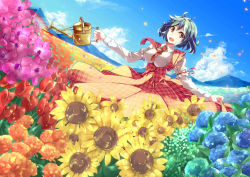 Rule 34 | 1girl, aoi kujira, blue sky, breasts, cloud, day, dress, female focus, field, flower, flower field, green hair, juliet sleeves, kazami yuuka, large breasts, long sleeves, mountain, necktie, open mouth, petals, puffy sleeves, rainbow gradient, rainbow order, red dress, red eyes, red necktie, shirt, short hair, sky, smile, solo, sunflower, touhou, tulip, watering, watering can