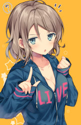 Rule 34 | 1girl, :o, blue eyes, blue jacket, blush, breasts, cleavage, clenched hand, clothes writing, collarbone, commentary request, drawstring, grey hair, hands up, highres, hood, hood down, hooded jacket, index finger raised, jacket, long sleeves, looking at viewer, love live!, love live! sunshine!!, matsusaka gyuu, medium breasts, notice lines, orange background, parted lips, partially unzipped, pinching sleeves, short hair, sidelocks, sleeves past wrists, solo, speech bubble, star (symbol), upper body, v-shaped eyebrows, watanabe you, zipper pull tab
