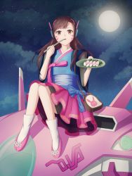 Rule 34 | 1girl, animal print, bad id, bad pixiv id, bag, brown eyes, brown hair, character name, chopsticks, cloud, cloudy sky, d.va (overwatch), eating, facepaint, facial mark, fingernails, full moon, hand up, headphones, highres, holding, holding plate, korean clothes, lili (liliplaylife), long hair, looking at viewer, mecha, meka (overwatch), moon, night, night sky, obi, overwatch, overwatch 1, pink footwear, plate, rabbit print, robot, sash, shoes, shoulder bag, sitting, skirt, sky, solo, star (sky), starry sky, traditional clothes, whisker markings, white legwear