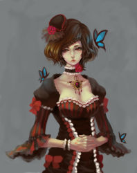 Rule 34 | 1girl, absurdres, blurry, bow, breasts, brooch, brown hair, bug, butterfly, choker, cleavage, collarbone, depth of field, earrings, fingernails, flower, frilled choker, frilled sleeves, frills, grey background, hat, hat flower, hat rose, highres, hobble dress, insect, jewelry, kaporless, lips, lipstick, looking to the side, lorelei (module), lovers suicide oblivion (vocaloid), makeup, meiko (vocaloid), mini hat, nail polish, pink nails, project diva (series), project diva extend, red bow, red eyes, rose, short hair, solo, vocaloid