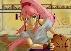 Rule 34 | 00s, 1girl, ball, bare shoulders, basketball, basketball (object), basquash!, crop top, des-arms, erusen (des-arms), fingerless gloves, gloves, green eyes, pink hair, playing sports, ponytail, rouge (basquash), solo, sweat, tan