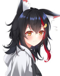 Rule 34 | 1girl, absurdres, alternate hair length, alternate hairstyle, animal ear fluff, animal ears, black hair, blush, brown eyes, closed mouth, commentary request, flying sweatdrops, from side, hair between eyes, hair ornament, hairclip, highres, hololive, hood, hood down, hoodie, hoshino reiji, looking at viewer, looking to the side, medium hair, multicolored hair, ookami mio, ookami mio (casual), red hair, simple background, solo, streaked hair, upper body, virtual youtuber, white background, white hoodie, wolf ears