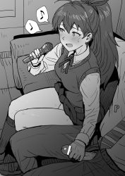 Rule 34 | 1boy, 1girl, antenna hair, bar censor, breasts, censored, clothes lift, collared shirt, couch, eighth note, erection, ganaha hibiki, greyscale, handjob, hetero, highres, idolmaster, idolmaster (classic), indoors, karaoke, kneehighs, long hair, long sleeves, male pubic hair, medium breasts, miniskirt, monochrome, motion lines, music, musical note, neck ribbon, necktie, on couch, open fly, open mouth, open pants, panties, pants, penis, penis out, ponytail, producer (idolmaster), pubic hair, ribbon, school uniform, shirt, singing, sitting, skirt, skirt lift, socks, solo focus, spoken musical note, striped neckwear, sweat, sweater vest, tsurui, underwear, upskirt