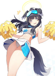 Rule 34 | 1girl, animal ears, black hair, blue archive, breasts, cheerleader, crop top, dog ears, dog girl, dog tail, goggles, goggles on head, halo, hibiki (blue archive), hibiki (cheer squad) (blue archive), highres, holding, holding pom poms, long hair, looking at viewer, medium breasts, millennium cheerleader outfit (blue archive), open mouth, panties, pantyshot, pleated skirt, pom pom (cheerleading), pom poms, purple eyes, simple background, skirt, solo, tail, thit155, underwear, upskirt, wavy mouth, white background, white panties