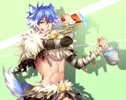 Rule 34 | 1boy, animal ears, black jacket, blue hair, brown cape, brown pants, cape, chain, commentary request, dog ears, dog tail, fur collar, green background, grin, hair between eyes, holding, holding paintbrush, jacket, kiribox, looking at viewer, male focus, multicolored hair, paint, paint can, paintbrush, pants, ragnarok online, red eyes, shadow, shadow chaser (ragnarok online), sheath, short hair, shrug (clothing), smile, smiley face, solo, tail, two-tone hair, waist cape, white hair