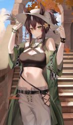 Rule 34 | 1girl, animal ears, arknights, bare shoulders, belt, black belt, black choker, black shirt, breasts, brown hair, buckle, choker, cleavage, cleavage cutout, clothing cutout, coat, cowboy shot, crop top, crossed bangs, day, ears through headwear, green coat, green eyes, green nails, hand on headwear, hands on headwear, hands up, hat, highres, hip vent, horse ears, large breasts, long hair, looking at viewer, medium breasts, meteor (arknights), meteor (bard&#039;s holiday) (arknights), midriff, mole, mole under eye, multicolored hair, nail polish, navel, official alternate costume, open clothes, open coat, outdoors, pants, ponytail, ru zhai, shirt, short sleeves, shoulder cutout, sidelocks, skindentation, sleeveless, sleeveless shirt, smile, solo, stairs, standing, stomach, strap, streaked hair, white hat, white pants, wide sleeves, wristband