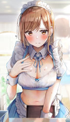 Rule 34 | 1girl, blue neckwear, blue ribbon, blush, breasts, brown hair, cleavage, closed mouth, commentary request, hair ornament, hairclip, highres, large breasts, looking at viewer, maid, midriff, mole, mole on breast, navel, original, ribbon, rouka (akatyann), solo, sweat