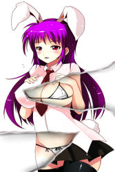 Rule 34 | 1girl, animal ears, bad id, bad pixiv id, blush, bra, breasts, rabbit ears, rabbit tail, cleavage, female focus, ippongui, large breasts, necktie, page tear, panties, purple hair, reisen udongein inaba, revealing layer, skirt, solo, tail, thighhighs, touhou, underwear, white background, zettai ryouiki