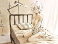 Rule 34 | 1girl, ayanami rei, bare legs, bare shoulders, barefoot, bed, bottomless, breast slip, breasts, collarbone, curtains, dress shirt, face, feet, from side, full body, hair between eyes, homunculus (alchemynote), indoors, lamp, legs, light smile, looking at viewer, naked shirt, neon genesis evangelion, nipples, no bra, no pants, off shoulder, on bed, one breast out, open clothes, open shirt, pillow, red eyes, sepia, sepia background, shirt, short hair, sitting, smile, solo, v arms, wariza, white hair, white theme