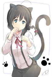 Rule 34 | 10s, 1girl, ahoge, alternate costume, animal ears, black hair, blue eyes, braid, cat ears, cat tail, commentary request, hair ornament, kantai collection, kemonomimi mode, long hair, long sleeves, looking at viewer, paw pose, paw print, shigure (kancolle), single braid, skirt, solo, suspender skirt, suspenders, tail, yukichi (eikichi)