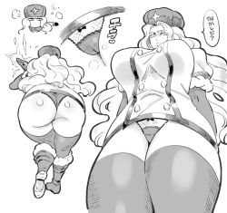 Rule 34 | 1girl, ass, boots, breasts, coat, doboshiru, fur hat, fur trim, gloves, hat, huge ass, ice, japanese text, kolin, large breasts, lips, long hair, monochrome, panties, simple background, solo, standing, street fighter, street fighter v, thick thighs, thighhighs, thighs, translation request, underwear, ushanka, white background, wide hips, winter clothes, winter coat, zettai ryouiki