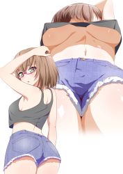 Rule 34 | 10s, 1girl, absurdres, arm on own head, arm up, armpits, ass, bang dream!, bare arms, bare shoulders, blush, breasts, brown hair, crop top, from below, glasses, green eyes, hand on own head, highres, large breasts, looking at viewer, looking back, medium hair, midriff, multiple views, navel, no bra, parted lips, sakamata (sakamata4), short shorts, shorts, sideboob, simple background, standing, tank top, underboob, upshirt, white background, yamato maya