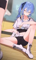 Rule 34 | 2girls, absurdres, bike shorts, blue eyes, blue hair, boots, bottle, crop top, crossed bangs, high side ponytail, highres, holding, holding bottle, holding towel, hololive, hololive dance practice uniform, hoshimachi suisei, midriff, mirror, multiple girls, navel, official alternate costume, open mouth, reflection, short shorts, shorts, sitting, solo focus, star (symbol), star in eye, stomach, sweat, symbol in eye, thighs, towel, virtual youtuber, water bottle, white footwear, yozora (1wkdgusdn)