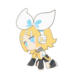 Rule 34 | 1girl, :|, all fours, black sailor collar, black shorts, black sleeves, blonde hair, blue eyes, bow, chibi, chinese commentary, closed mouth, detached sleeves, full body, hair bow, headset, highres, indai (3330425), kagamine rin, leg warmers, light blush, looking away, medium hair, neckerchief, on ground, parted bangs, sailor collar, sailor shirt, shirt, shorts, simple background, sleeveless, sleeveless shirt, solo, vocaloid, white background, white bow, white shirt, yellow neckerchief