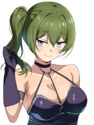 Rule 34 | 1girl, arm strap, armlet, bare shoulders, black dress, black gloves, blush, borgbutler, breasts, choker, cleavage, collarbone, commentary request, dress, gloves, green hair, hair between eyes, highres, looking at viewer, medium breasts, o-ring, o-ring choker, purple eyes, side ponytail, simple background, single glove, smile, solo, sousou no frieren, ubel (sousou no frieren), upper body, white background