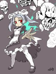 Rule 34 | 1girl, apron, bloody marie (skullgirls), brooch, dress, fire, frilled apron, frilled dress, frills, frown, full body, grey hair, hair ornament, jewelry, maid headdress, mary janes, mtk hoshi, outstretched arm, outstretched hand, pantyhose, red eyes, shoes, skull, skull hair ornament, skullgirls, solo, twintails