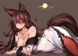 Rule 34 | 1girl, animal ears, breasts, brown hair, cleavage, commentary request, covered navel, crossed arms, curvy, dress, expressionless, highres, imaizumi kagerou, large breasts, long hair, looking at viewer, lying, moon, off shoulder, raptor7, red eyes, simple background, solo, tail, thighs, touhou, very long hair, wavy hair, wide hips, wolf ears, wolf girl, wolf tail