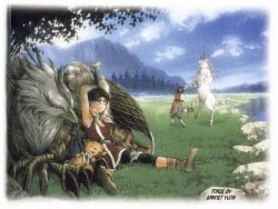 Rule 34 | 1boy, 1girl, animal, ascot, boots, cape, cloud, feather (suikoden), flying squirrel, gensou suikoden, gensou suikoden ii, griffin, mukumuku, nanami (suikoden), outdoors, riou (suikoden), sigfried (suikoden), sleeping, squirrel, stretching, tree, unicorn