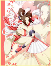 Rule 34 | 1girl, body blush, bouncing breasts, breasts, brown eyes, brown hair, cherry blossoms, covered erect nipples, full body, gloves, hair ribbon, hand fan, large breasts, looking at viewer, materclaws, mirror image, ninja, pelvic curtain, ponytail, revealing clothes, ribbon, shiny skin, shiranui mai, sideboob, solo, the king of fighters, the king of fighters xiv, zoom layer