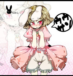 Rule 34 | 1girl, animal ears, black hair, bloomers, blush, carrot, carrot necklace, clothes lift, dress, dress lift, female focus, inaba tewi, jewelry, jinkou-kuu, necklace, rabbit ears, red eyes, short hair, solo, touhou, translated, underwear, zoom layer