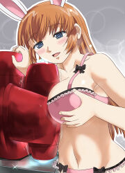 Rule 34 | 1girl, blue eyes, blush, bra, breasts, brown hair, charlotte e. yeager, collarbone, grabbing, grabbing another&#039;s breast, grabbing own breast, hosoinogarou, large breasts, lingerie, long hair, masturbation, navel, open mouth, panties, pink bra, pink panties, rabbit ears, solo, strike witches, striker unit, underwear, world witches series