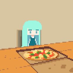 1girl animated animated_gif aqua_eyes aqua_hair chair falling food kawawagi long_hair original pixel_art pizza pizza_box simple_background sitting solo table