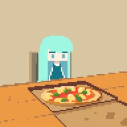 Rule 34 | 1girl, animated, animated gif, aqua eyes, aqua hair, chair, falling, food, kawawagi, long hair, original, pixel art, pizza, pizza box, simple background, sitting, solo, table