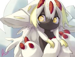 Rule 34 | + +, 1girl, black skin, blonde hair, claws, closed mouth, colored skin, extra arms, faputa, female focus, long hair, looking at viewer, made in abyss, monster girl, multicolored hair, ria2067, signature, solo, two-tone hair, white hair, yellow eyes