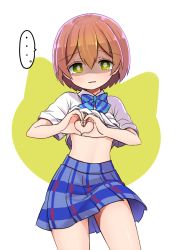 Rule 34 | ..., 10s, 1girl, blue bow, blue bowtie, bow, bowtie, breast conscious, clothes lift, commentary request, cowboy shot, crying, crying with eyes open, flat chest, green eyes, hair between eyes, heart, heart-shaped boob challenge, heart hands, hoshizora rin, love live!, love live! school idol project, orange hair, otonokizaka school uniform, sad smile, school uniform, shaded face, shipii (jigglypuff), shirt, shirt lift, short hair, short sleeves, skirt, solo, spoken ellipsis, standing, striped bow, striped bowtie, striped clothes, striped neckwear, tears, white shirt