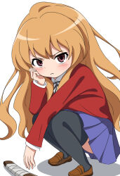 Rule 34 | 1girl, aisaka taiga, arm on knee, black ribbon, black thighhighs, blazer, blue skirt, blush, bokken, brown eyes, brown footwear, brown hair, closed mouth, collared shirt, commentary, full body, highres, jacket, loafers, long hair, looking at viewer, neck ribbon, oohashi high school uniform, pleated skirt, red jacket, ribbon, school uniform, shadow, shirt, shoes, silky (silky illust), simple background, skirt, solo, squatting, sword, thighhighs, toradora!, weapon, white background, white shirt, wooden sword