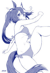 Rule 34 | 1girl, :d, animal ears, bikini, blue theme, blush, bow, breasts, cameltoe, clenched hands, gluteal fold, hair bow, hair ornament, horse ears, horse girl, horse tail, kouda tomohiro, leg up, long hair, looking at viewer, medium breasts, monochrome, multicolored hair, navel, open mouth, ponytail, side-tie bikini bottom, simple background, smile, solo, standing, standing on one leg, streaked hair, swimsuit, tail, tokai teio (umamusume), twitter username, umamusume, underboob, white background