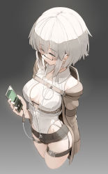 Rule 34 | 1girl, arm at side, bra strap, breasts, breasts apart, bright pupils, cropped legs, digital media player, earphones, exposed pocket, framed breasts, from above, garter straps, genek, glasses, grey hair, highleg, highres, jacket, leotard, micro shorts, original, partially unzipped, short hair, short shorts, shorts, simple background, sleeveless, solo, thigh strap, wing collar, yellow eyes