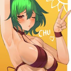 Rule 34 | 1girl, arm behind head, arm up, armpits, bikini, blush, breasts, cleavage, collarbone, commentary, covered erect nipples, english commentary, eyelashes, furrowed brow, green hair, hair between eyes, heart, heart-shaped pupils, kazami yuuka, large breasts, looking at viewer, navel, one eye closed, pout, red eyes, shiny skin, short hair, solo, string bikini, swimsuit, symbol-shaped pupils, tomatolover16, touhou, v, yellow background