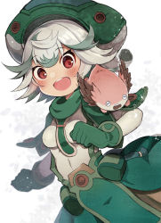 Rule 34 | 1girl, :d, blush, clenched hands, commentary, cowlick, creature, creature on shoulder, from side, gloves, green gloves, green hair, green headwear, green scarf, grey background, grey hair, grey shirt, happy, helmet, highres, kei s01, long sleeves, looking at viewer, made in abyss, meinya (made in abyss), multicolored hair, on shoulder, open mouth, pouch, prushka, red eyes, scarf, shirt, short hair, smile, solo, standing, streaked hair, suspenders, two-tone hair, wide-eyed