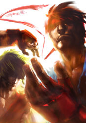 Rule 34 | 2boys, black hair, blonde hair, dougi, headband, ken masters, multiple boys, outstretched hand, ryu (street fighter), santa fung, shaded face, street fighter