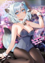 Rule 34 | 1girl, absurdres, animal ears, blue archive, breasts, cleavage, cocktail glass, commission, covered navel, cup, detached collar, drinking glass, halo, high heels, highres, large breasts, leotard, medium breasts, pantyhose, playboy bunny, purple eyes, shigure (blue archive), short hair, skeb commission, smile, tail, twitter username, white hair, wrist cuffs, yam (yamap mako)