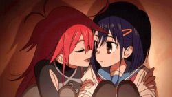Rule 34 | 2girls, angry, animated, animated gif, blue hair, flip flappers, imminent kiss, kiss, kokomine cocona, looking at another, lowres, multiple girls, papika (flip flappers), pushing, red hair, school uniform, shove, uniform, yuri