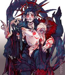 Rule 34 | 1boy, blue hair, bodypaint, cape, cu chulainn (fate), cu chulainn (fate) (all), cu chulainn (fate/stay night), cu chulainn alter (fate), cu chulainn alter (fate/grand order), curled horns, dark blue hair, dark persona, extra arms, extra ears, extra eyes, extra mouth, facepaint, fate/grand order, fate (series), fingernails, fur-trimmed cape, fur trim, hair down, hand in own hair, highres, horns, knee up, lancer, long hair, long tongue, looking at viewer, male focus, monster boy, multiple horns, muscular, nail polish, nipples, pointy ears, red eyes, red nails, servant of fate, sharp fingernails, sharp teeth, skin tight, slit pupils, smile, solo, spikes, tail, teeth, tongue, tongue out, topless male, torn cape, torn clothes, type-moon, veins