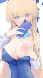 Rule 34 | 1girl, animal ears, blonde hair, blue archive, blue bow, blue bowtie, blue eyes, blue hair, blue halo, blue leotard, bow, bowtie, braid, breasts, cellphone, detached collar, fake animal ears, halo, highres, holding, holding phone, large breasts, leotard, long hair, mikozin, multicolored hair, nipples, official alternate costume, phone, rabbit ears, simple background, smartphone, solo, strapless, strapless leotard, streaked hair, toki (blue archive), toki (bunny) (blue archive), upper body, white background, wrist cuffs