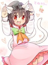 Rule 34 | 1girl, :3, :d, alternate color, animal ears, bow, brown hair, cat ears, cat tail, chen, dress, earrings, fang, hat, heart, ibaraki natou, inaba tewi, jewelry, long sleeves, mob cap, multiple tails, nekomata, open mouth, pink dress, red eyes, short hair, single earring, smile, solo, tail, text focus, touhou, two tails, white background