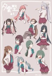 Rule 34 | &gt; &lt;, 10s, 6+girls, :t, = =, ahoge, akigumo (kancolle), arms behind head, asashimo (kancolle), black hair, blouse, blue-framed eyewear, blue eyes, blue hair, blush, blush stickers, bow, bowtie, braid, broken eyewear, brown eyes, brown hair, bunching hair, chair, commentary request, crossed legs, cup, dress, drinking glass, closed eyes, fang, flying sweatdrops, glass, glasses, green eyes, green hair, grey hair, hair ribbon, hand on own hip, hands up, hayashimo (kancolle), highres, holding, holding cup, holding drinking glass, holding hair, kantai collection, kazagumo (kancolle), kiyoshimo (kancolle), long hair, long sleeves, looking at viewer, low twintails, makigumo (kancolle), multicolored hair, multiple girls, naganami (kancolle), necktie, okinami (kancolle), open mouth, pantyhose, pencil, pink hair, ponytail, pout, purple eyes, ribbon, riz (ravel dc), school uniform, shirt, short hair, single braid, sitting, sleeveless, sleeveless dress, sleeves past wrists, takanami (kancolle), tears, twintails, twitter username, very long hair, wavy mouth, white shirt, wiping tears, yuugumo (kancolle)