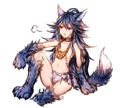 Rule 34 | 1girl, absurdres, animal ears, animal hands, antenna hair, blue hair, blush, claws, fang, fenrir (shingeki no bahamut), flat chest, granblue fantasy, hair between eyes, highres, jewelry, knee up, light blush, long hair, monster girl, navel, necklace, open mouth, red eyes, shingeki no bahamut, simple background, sitting, sketch, slit pupils, solo, sukemyon, sweat, tail, white background, wolf ears, wolf tail