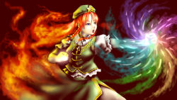 Rule 34 | 1girl, blue eyes, bow, braid, clenched hands, danmaku, facing away, fiery background, fighting stance, fire, glowing, glowing hands, hair bow, hat, highres, hong meiling, kawahagi modoki, lips, long hair, open mouth, outstretched arm, pyrokinesis, red hair, short sleeves, skirt, skirt set, solo, star (symbol), touhou, twin braids