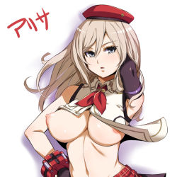 Rule 34 | 10s, 1girl, adjusting hair, alisa ilinichina amiella, areola slip, armpits, bare shoulders, beret, blue eyes, breasts, character name, elbow gloves, female focus, gloves, god eater, god eater 2: rage burst, hand on own hip, hat, kiyoko3sai, large breasts, long hair, looking at viewer, navel, nipples, open clothes, open shirt, parted lips, perky breasts, puffy nipples, shadow, shirt, simple background, skirt, solo, text focus, translated, white background