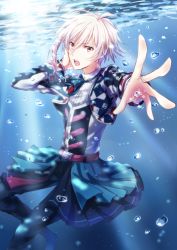 Rule 34 | 1boy, absurdres, arms up, belt, blonde hair, blue legwear, blue neckwear, brown eyes, commentary request, dress, ears visible through hair, hair between eyes, hand on own face, highres, idolish7, kujou tenn, male focus, multicolored clothes, multicolored dress, nishijou myu, open mouth, outstretched hand, purple belt, short hair, solo, striped, teeth, underwater, v-shaped eyebrows