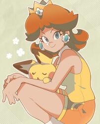 Rule 34 | 1girl, 1other, arms on knees, blue eyes, border, breasts, brown hair, closed eyes, creatures (company), crossover, crown, dotted background, earrings, eyelashes, flower, flower earrings, from side, game freak, gen 2 pokemon, green background, highres, jewelry, looking at viewer, loveycloud, mario (series), medium breasts, nintendo, open mouth, orange shorts, pichu, pokemon, pokemon (creature), princess daisy, shirt, shorts, sleeping, sleeping on person, sleeveless, sleeveless shirt, smile, socks, tennis daisy, white border, yellow shirt