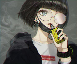 Rule 34 | 1other, androgynous, black hair, blue eyes, blunt bangs, bob cut, casual, chromatic aberration, contemporary, earrings, electronic cigarette, fay (jinrou judgment), glasses, jewelry, jinrou judgment, mask, unworn mask, mouth mask, murayama (u k), round eyewear, short hair, solo