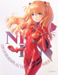 Rule 34 | 1girl, artist request, bodysuit, breasts, brown eyes, brown hair, floating hair, gloves, hair ornament, hand on own chest, highres, interface headset, long hair, looking to the side, medium breasts, neon genesis evangelion, nerv, open mouth, plugsuit, simple background, skin tight, solo, souryuu asuka langley, turtleneck, twintails, two side up, very long hair