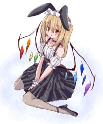 Rule 34 | 1girl, animal ears, bare shoulders, black choker, black footwear, black skirt, blonde hair, blush, choker, closed mouth, crystal, cuffs, detached sleeves, fake animal ears, flandre scarlet, handcuffs, long hair, looking at viewer, maid, maid day, maid headdress, misoshiru (meridianchild312), on ground, one side up, own hands together, pantyhose, puffy short sleeves, puffy sleeves, rabbit ears, red eyes, shoes, short sleeves, side ponytail, simple background, skirt, smile, solo, touhou, white background, white headwear, wings