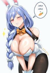 Rule 34 | 1girl, absurdres, animal ear fluff, animal ears, blue hair, blush, bow, bowtie, braid, breasts, brown pantyhose, carrot, cleavage, clothing cutout, collarbone, grin, highres, hololive, large breasts, leotard, light blue hair, long hair, long sleeves, looking at viewer, mature female, mole, mole on breast, one eye closed, pantyhose, pekomama, rabbit ears, rabbit girl, red eyes, shoulder cutout, smile, solo, speech bubble, thick eyebrows, translation request, virtual youtuber, white hair, white leotard, xkit